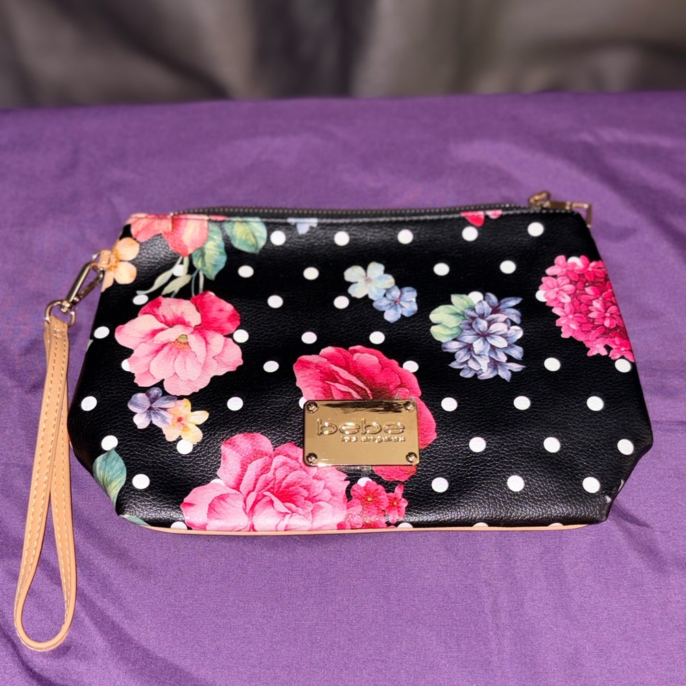 *bebe Black Floral Polka Dot Wristlet Clutch with Pink Flowers